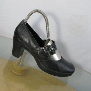 Clarks Artisan Mary Jane Shoes Black Leather Stacked Heel Women's Size 7.5